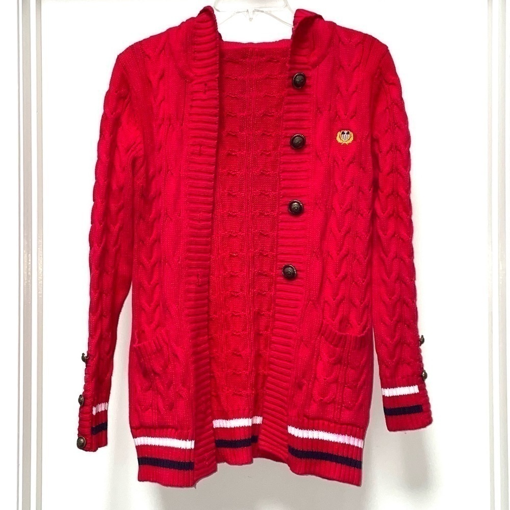 Vintage Twisted Cable Knit Sweater Long Cardigan Red Crest Rampant Lion Buttons